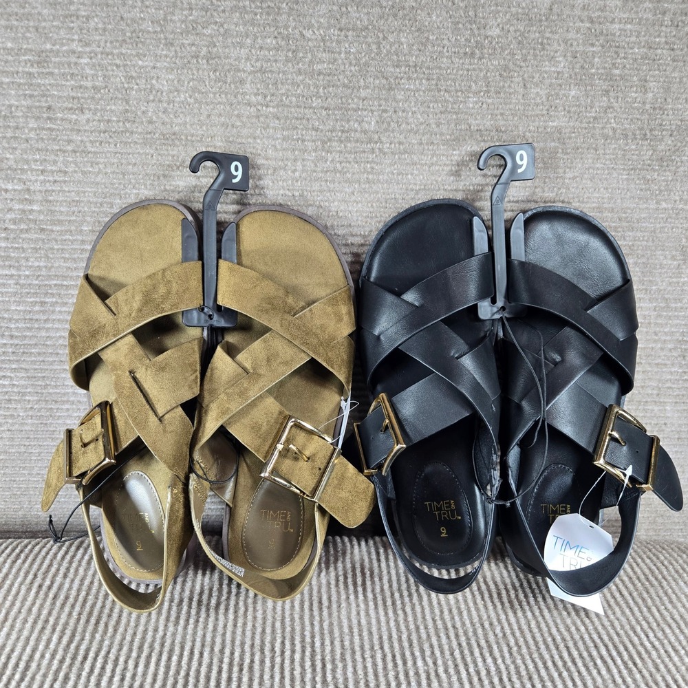 Time and Tru Womens 9 Olive Black X Band Buckle Memory Foam Sandals Bundle